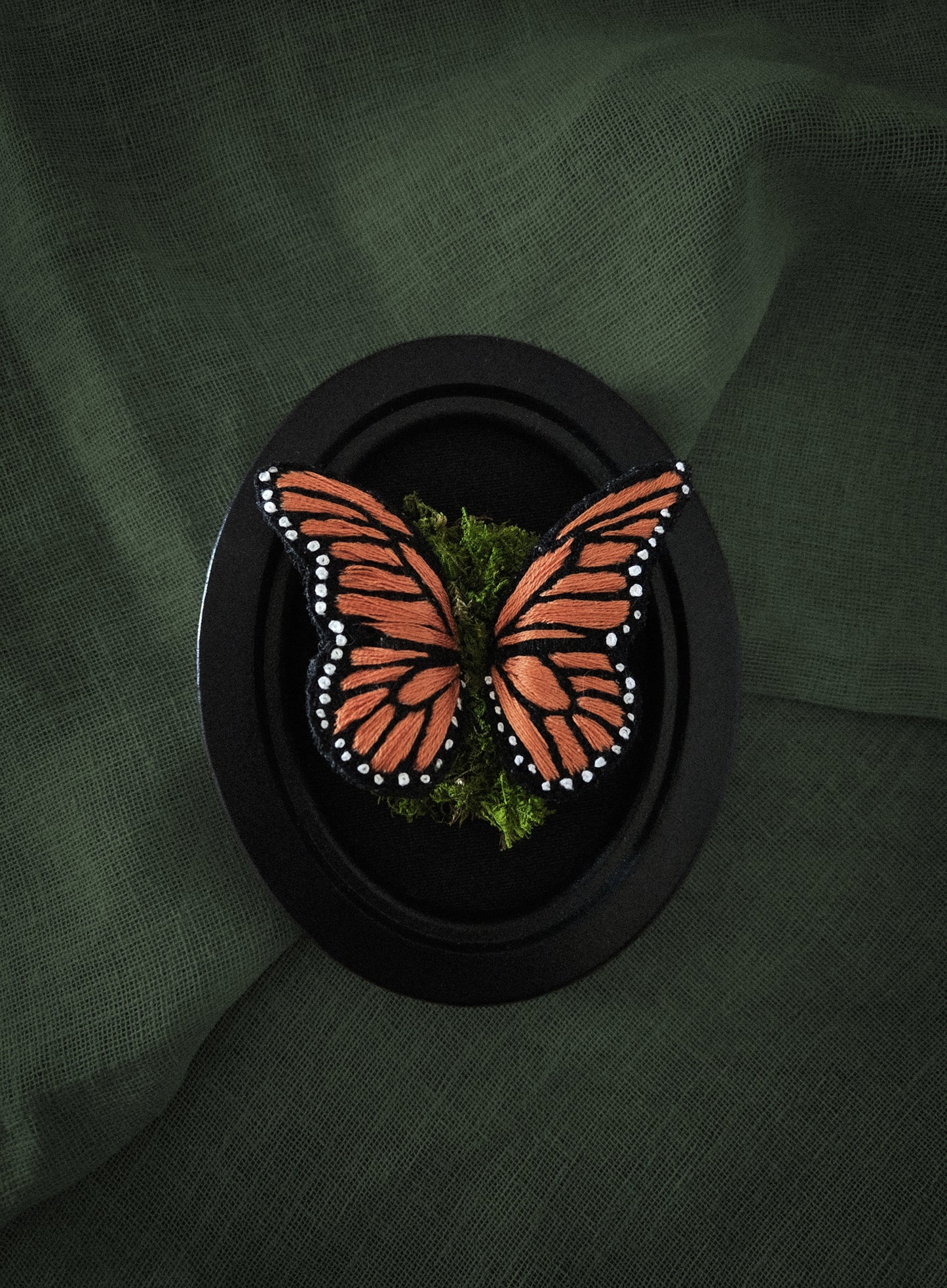 Broderie encadrée : Papillon Monarque 3D, mousse naturelle stabilisée